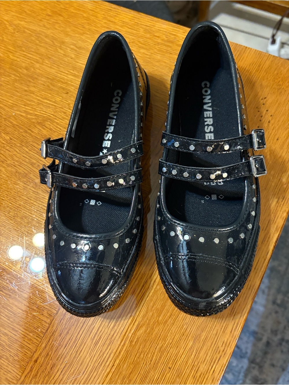 Converse Black Patent Mary Jane Shoes with Silver Studs